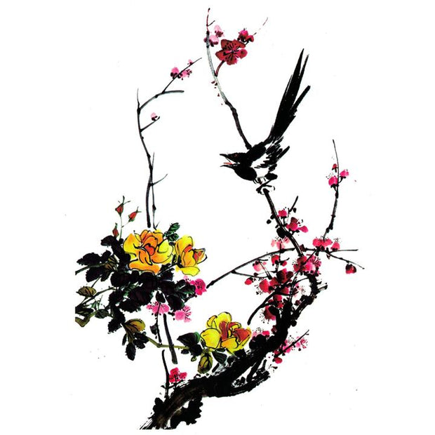 Tatouage éphémère temporaire asiatique arbre prunier fleur oiseau