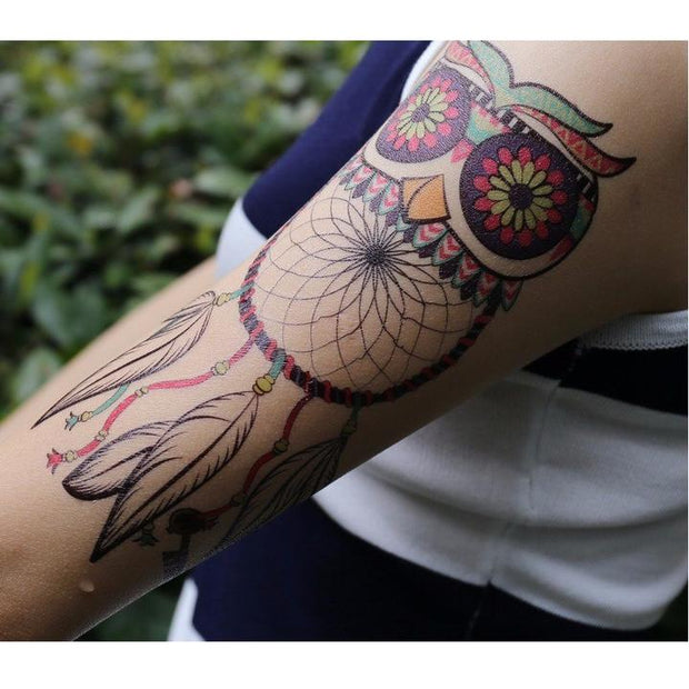 Tatouage éphémère temporaire attrapes rêves oiseau hibou multicolores